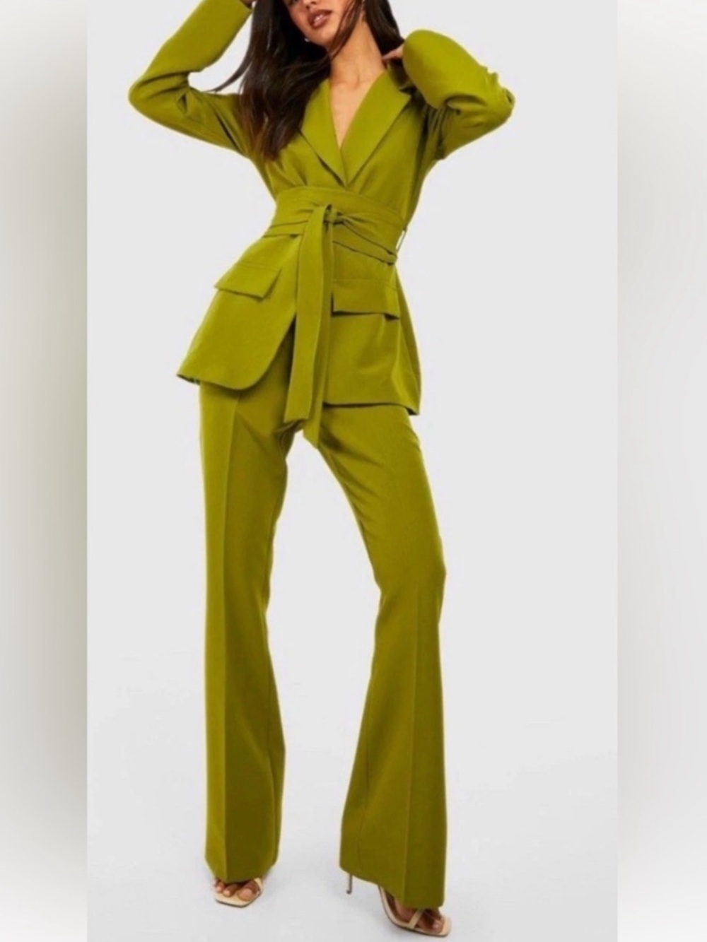 ZARA COLLECTION Chartreuse Tailored Blazer Belted Blazer Flate Wide Leg Pant Set